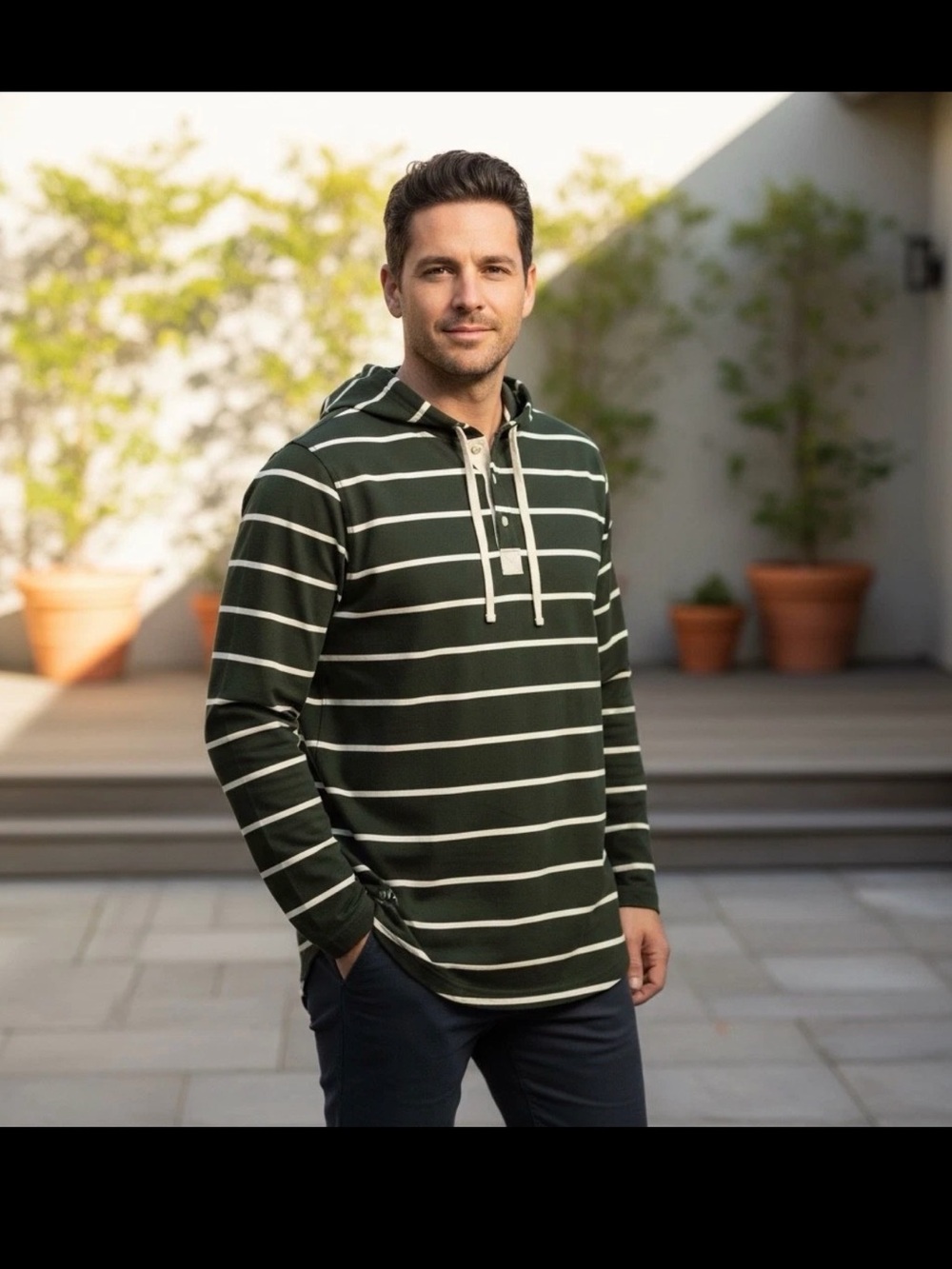 BYLT Basics Forest Green Striped Hooded Henley